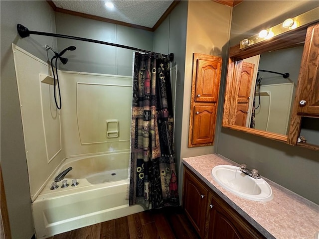 122 Arrowhead Rd, Allegheny Twp But, PA 16373 - full bathroom with wood finished floors, shower / bath combo, vanity, and a textured ceiling