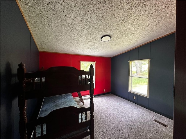 122 Arrowhead Rd, Allegheny Twp But, PA 16373 - carpeted bedroom featuring lofted ceiling, a textured ceiling, multiple windows, and crown molding