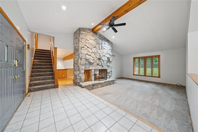 490 Hillside Ave, Monroeville, PA 15146 - unfurnished living room with ceiling fan, a fireplace, stairs, light colored carpet, and recessed lighting