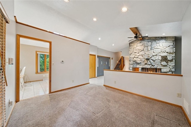 490 Hillside Ave, Monroeville, PA 15146 - unfurnished living room with a fireplace, ceiling fan, baseboards, light colored carpet, and recessed lighting