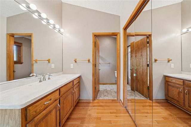 490 Hillside Ave, Monroeville, PA 15146 - bathroom with vaulted ceiling, wood finished floors, vanity, toilet, and a shower stall