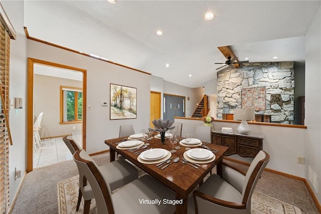 490 Hillside Ave, Monroeville, PA 15146 - dining room with ceiling fan, light colored carpet, stairs, baseboards, and vaulted ceiling