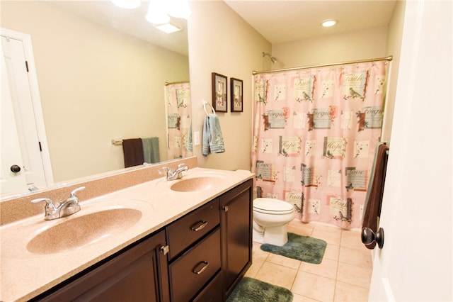 2000 Plantation Dr, Clinton Twp, PA 16056 - bathroom with tile patterned floors, double vanity, toilet, and a shower with shower curtain
