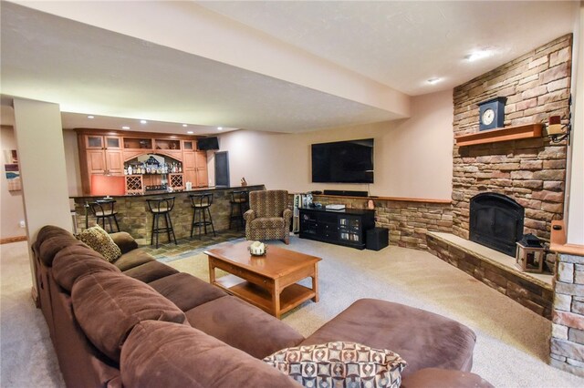 2000 Plantation Dr, Clinton Twp, PA 16056 - living area featuring carpet flooring, bar, recessed lighting, and a fireplace