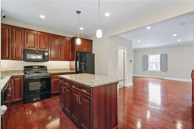 135 Lenox Dr, Findlay Twp, PA 15126 - kitchen featuring black appliances, dark wood-type flooring, crown molding, decorative light fixtures, and light stone counters