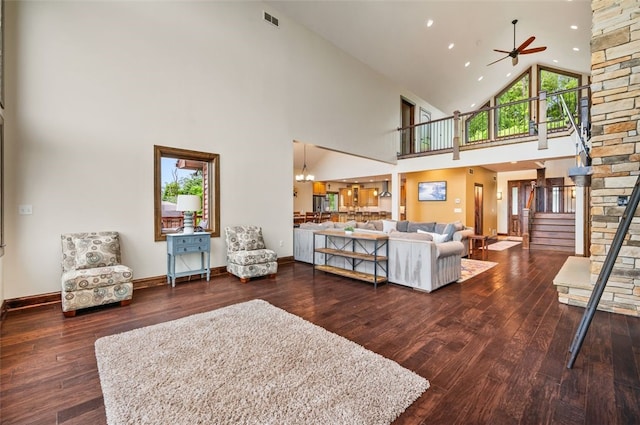 201 Roosevelt Rd, Kilbuck Twp, PA 15202 - living room with high vaulted ceiling, ceiling fan, stairway, hardwood / wood-style floors, and recessed lighting