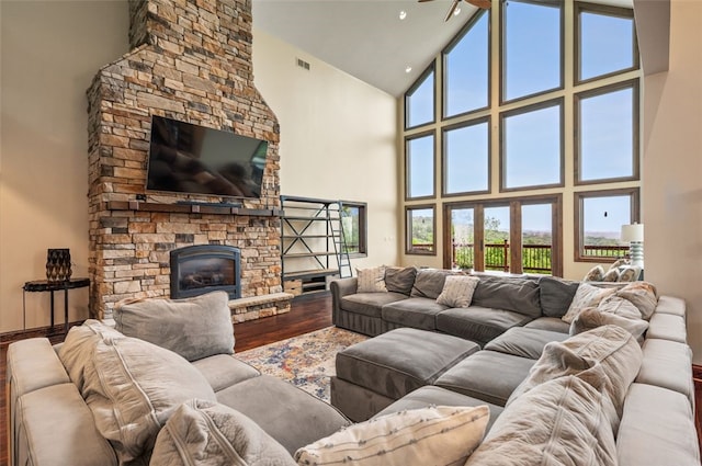 201 Roosevelt Rd, Kilbuck Twp, PA 15202 - living area with high vaulted ceiling, wood finished floors, and a fireplace