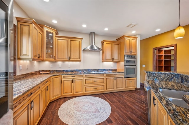 201 Roosevelt Rd, Kilbuck Twp, PA 15202 - kitchen with wall chimney exhaust hood, stainless steel appliances, dark wood-type flooring, hanging light fixtures, and recessed lighting