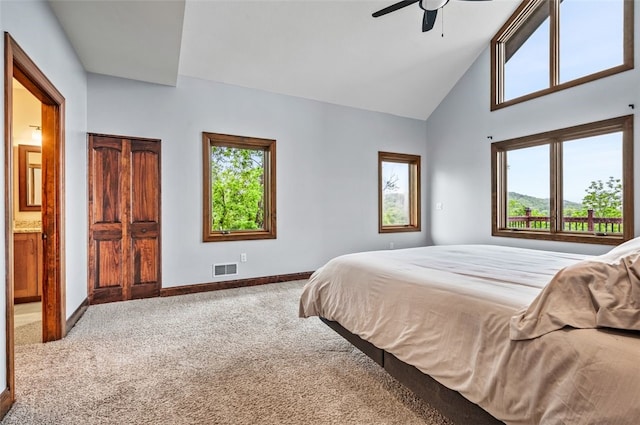 201 Roosevelt Rd, Kilbuck Twp, PA 15202 - bedroom with carpet floors, baseboards, high vaulted ceiling, and a ceiling fan