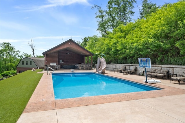 201 Roosevelt Rd, Kilbuck Twp, PA 15202 - view of swimming pool featuring a patio, outdoor lounge area, a yard, a diving board, and a water slide