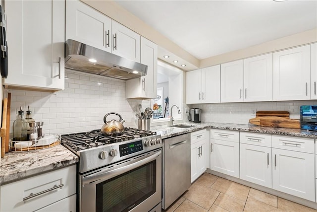 724 Pine Valley Dr, Plum Boro, PA 15239 - kitchen featuring under cabinet range hood, appliances with stainless steel finishes, a sink, and white cabinets