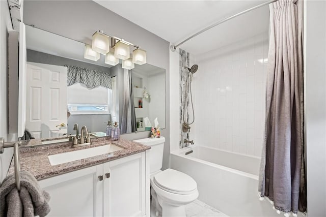 724 Pine Valley Dr, Plum Boro, PA 15239 - full bathroom with toilet, shower / tub combo with curtain, vanity, and marble look tile flooring