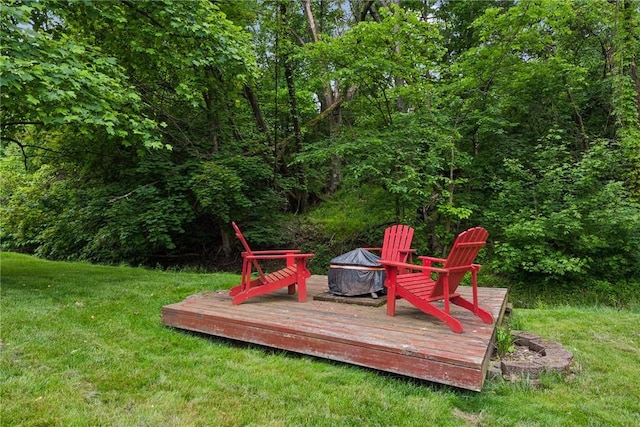 724 Pine Valley Dr, Plum Boro, PA 15239 - deck featuring a fire pit, a yard, and a view of trees