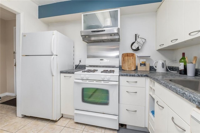 5 Bayard Rd Unit 808, Shadyside, PA 15213 - kitchen featuring white appliances, ventilation hood, dark countertops, white cabinets, and light tile patterned floors