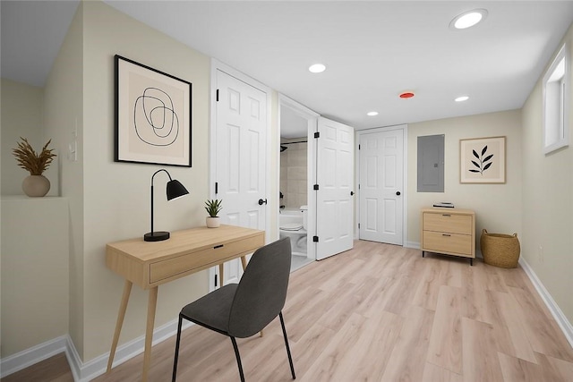 470 Burrell Hill Cir, Penn Twp Wml, PA 15675 - office area with electric panel, light wood-type flooring, baseboards, and recessed lighting