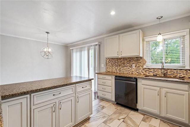 116 Buttercup Dr, Cranberry Twp, PA 16066 - kitchen featuring dishwasher, a sink, ornamental molding, tasteful backsplash, and light marble finish flooring
