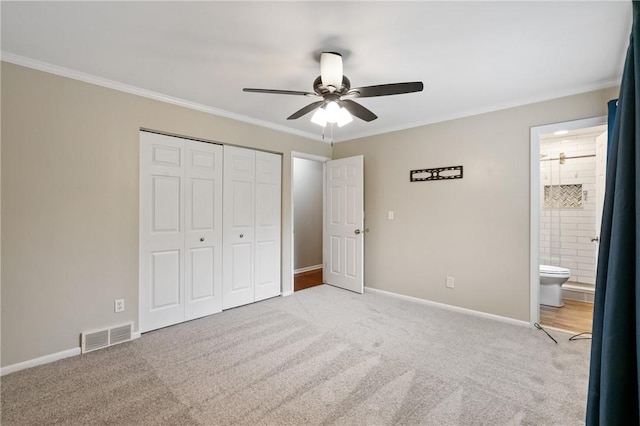 116 Buttercup Dr, Cranberry Twp, PA 16066 - unfurnished bedroom featuring light colored carpet, a closet, ornamental molding, baseboards, and ceiling fan