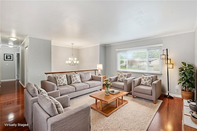 116 Buttercup Dr, Cranberry Twp, PA 16066 - living room with a chandelier, crown molding, wood finished floors, and baseboards