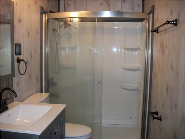 13 Biddle Acres, Carmichaels/Cumblnd, PA 15320 - full bath featuring a stall shower, toilet, vanity, and wood walls
