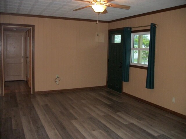 13 Biddle Acres, Carmichaels/Cumblnd, PA 15320 - unfurnished room featuring ornamental molding, baseboards, ceiling fan, wood finished floors, and wood walls