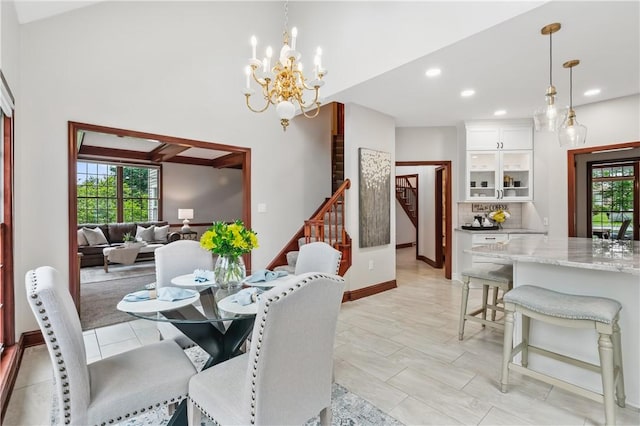 5010 W Grove Ln, Pine Twp Nal, PA 15044 - dining room with stairs, a chandelier, recessed lighting, and baseboards
