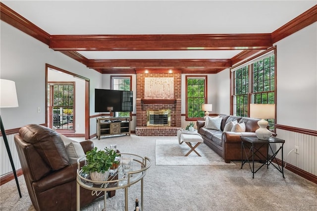 5010 W Grove Ln, Pine Twp Nal, PA 15044 - living room with carpet floors, beam ceiling, ornamental molding, a brick fireplace, and wainscoting