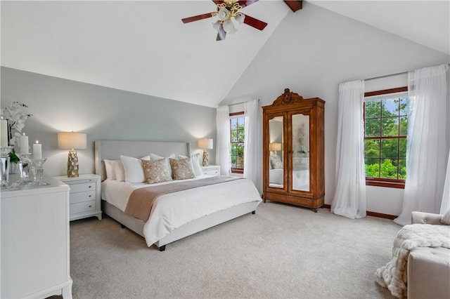 5010 W Grove Ln, Pine Twp Nal, PA 15044 - bedroom featuring high vaulted ceiling, light colored carpet, beam ceiling, and ceiling fan