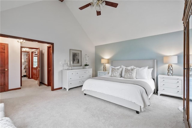 5010 W Grove Ln, Pine Twp Nal, PA 15044 - bedroom with high vaulted ceiling, light colored carpet, baseboards, ceiling fan, and a chandelier
