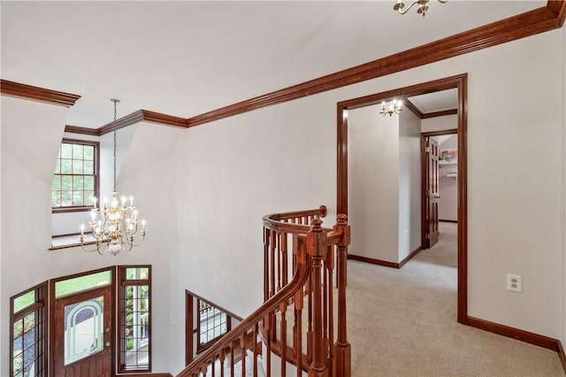 5010 W Grove Ln, Pine Twp Nal, PA 15044 - hall with a chandelier, an upstairs landing, light colored carpet, crown molding, and baseboards