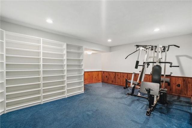 5010 W Grove Ln, Pine Twp Nal, PA 15044 - workout area featuring dark colored carpet, wooden walls, wainscoting, and recessed lighting
