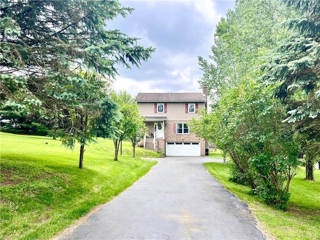 145 Marylee Dr, Brighton Twp, PA 15009 - view of front of property featuring asphalt driveway, a chimney, a front yard, and a garage