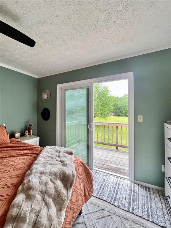 145 Marylee Dr, Brighton Twp, PA 15009 - bedroom with access to outside, crown molding, a textured ceiling, a ceiling fan, and carpet floors