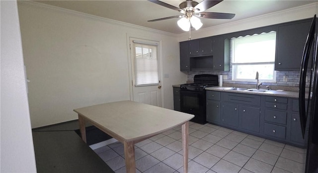 27 Elich Rd, Pa, PA 15021 - kitchen with black appliances, a sink, ceiling fan, backsplash, and crown molding
