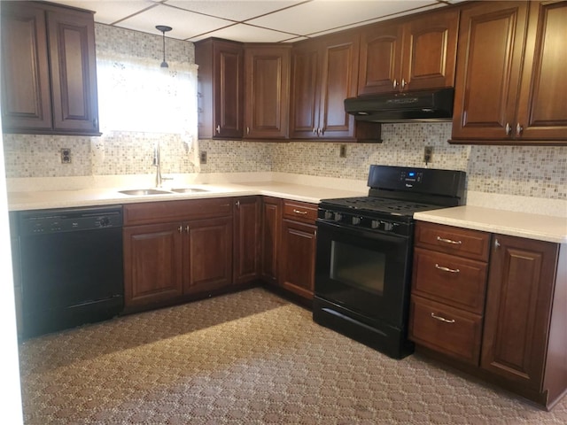 634 5th Ave, Ford City Boro, PA 16226 - kitchen with under cabinet range hood, black appliances, a sink, light countertops, and a paneled ceiling