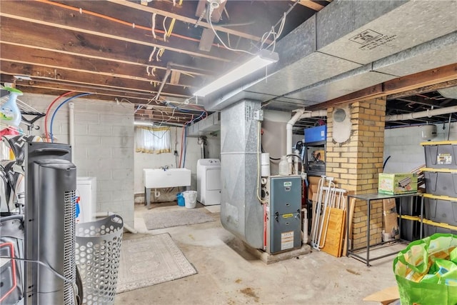 122 W Main St, Worthington, PA 16262 - basement featuring washer / dryer, a water softener, heating unit, and a sink