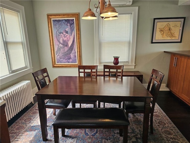 3213 Brownsville Rd, Brentwood, PA 15227 - dining room featuring radiator, dark wood-type flooring, and baseboards
