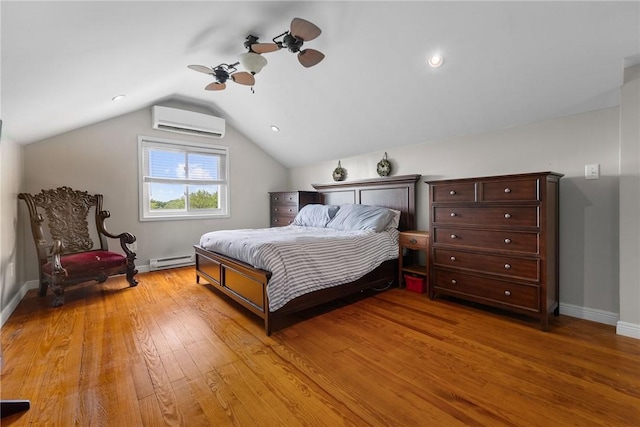 1904 E National Pike, North Bethlehem, PA 15360 - bedroom featuring a wall mounted AC, baseboard heating, light wood-style floors, lofted ceiling, and ceiling fan