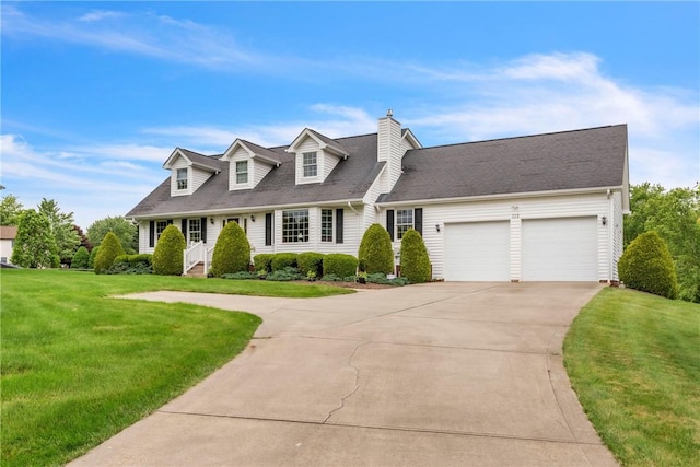 113 Sunburst Ct, Center Twp But, PA 16001 - cape cod house featuring concrete driveway, a garage, a front lawn, a chimney, and a shingled roof
