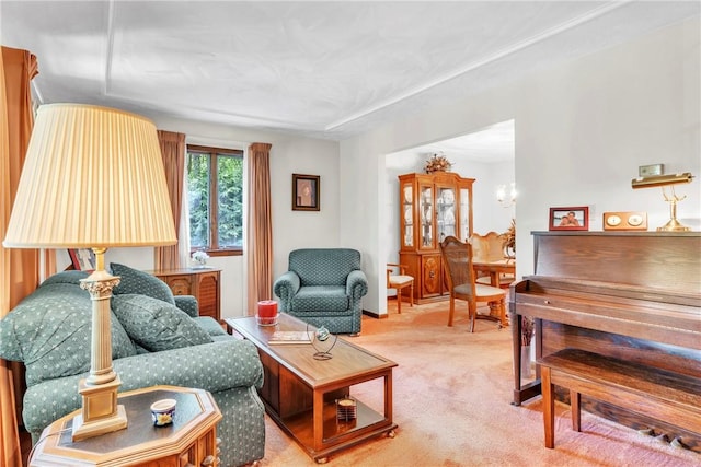 454 Cherokee Dr, Center Twp But, PA 16001 - living room featuring carpet and a chandelier