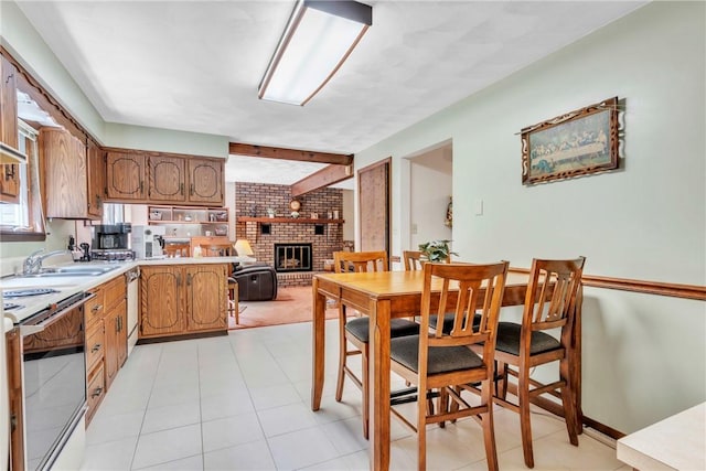 454 Cherokee Dr, Center Twp But, PA 16001 - kitchen featuring electric range, a sink, a brick fireplace, light countertops, and beamed ceiling