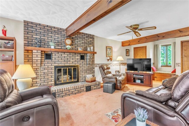454 Cherokee Dr, Center Twp But, PA 16001 - carpeted living area with a ceiling fan, a fireplace, and beam ceiling
