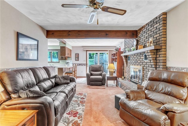 454 Cherokee Dr, Center Twp But, PA 16001 - living area featuring light colored carpet, beamed ceiling, plenty of natural light, ceiling fan, and a brick fireplace