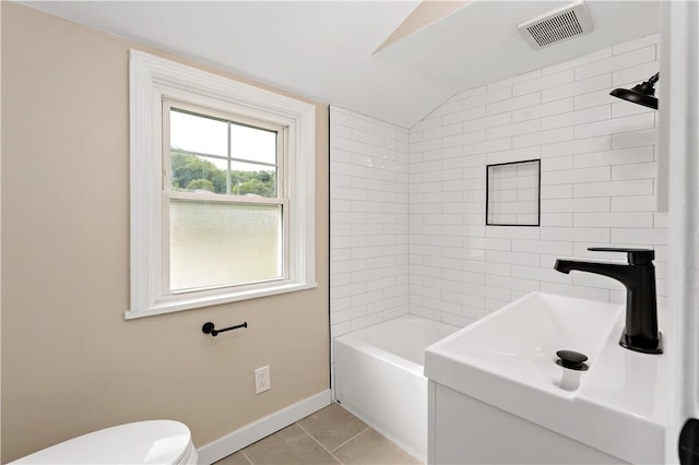 6225 Smithfield St, Elizabeth Twp/Boro, PA 15135 - full bathroom featuring vaulted ceiling, toilet, tile patterned floors, baseboards, and vanity