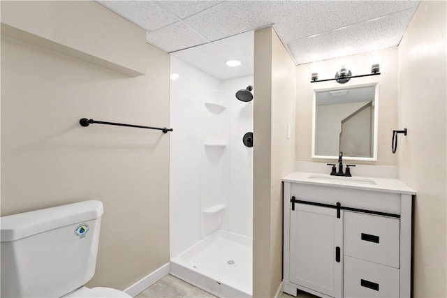 6225 Smithfield St, Elizabeth Twp/Boro, PA 15135 - full bathroom featuring a drop ceiling, a shower stall, toilet, vanity, and baseboards