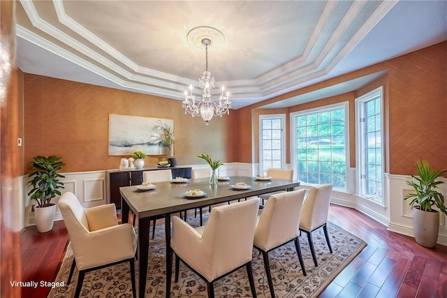 23 Pintail Dr, Indiana Twp Nal, PA 15238 - dining space with a tray ceiling, a chandelier, a decorative wall, a wainscoted wall, and ornamental molding