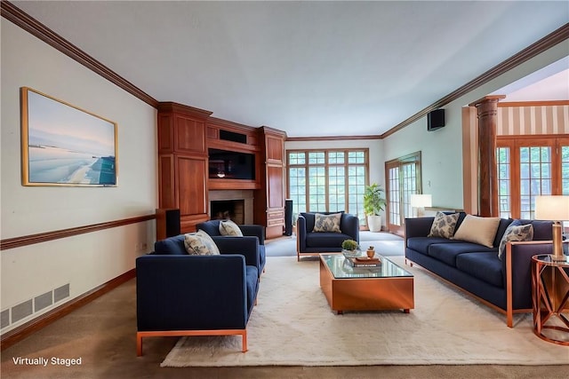 23 Pintail Dr, Indiana Twp Nal, PA 15238 - carpeted living room featuring ornamental molding, plenty of natural light, baseboards, and a large fireplace