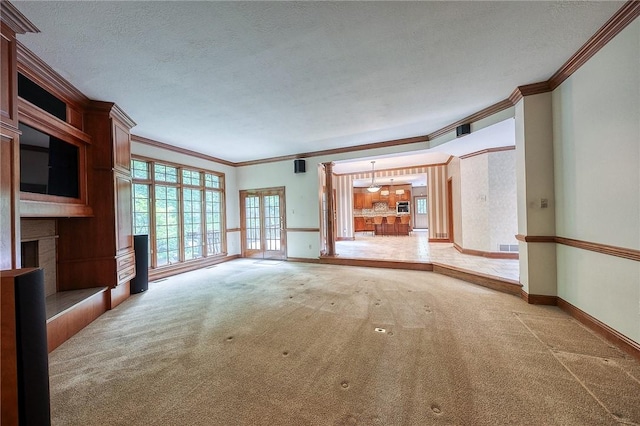 23 Pintail Dr, Indiana Twp Nal, PA 15238 - unfurnished living room with crown molding, carpet, a fireplace with raised hearth, baseboards, and a textured ceiling