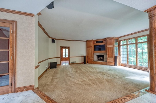 23 Pintail Dr, Indiana Twp Nal, PA 15238 - unfurnished living room with crown molding, light colored carpet, a fireplace, baseboards, and ornate columns