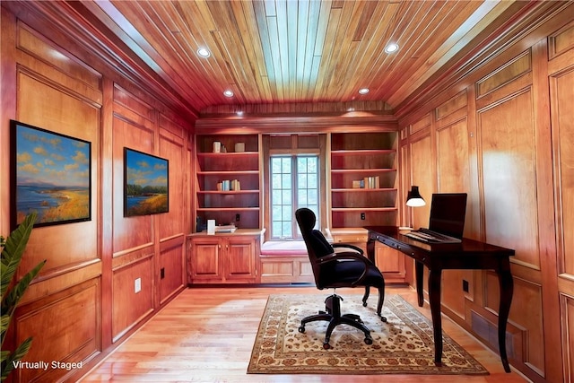 23 Pintail Dr, Indiana Twp Nal, PA 15238 - home office featuring wood ceiling, built in shelves, light wood-style floors, wood walls, and recessed lighting