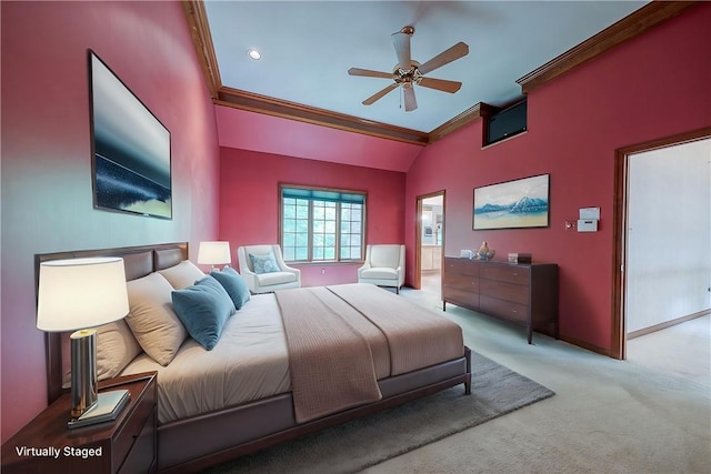 23 Pintail Dr, Indiana Twp Nal, PA 15238 - bedroom featuring lofted ceiling, carpet floors, ornamental molding, baseboards, and ceiling fan